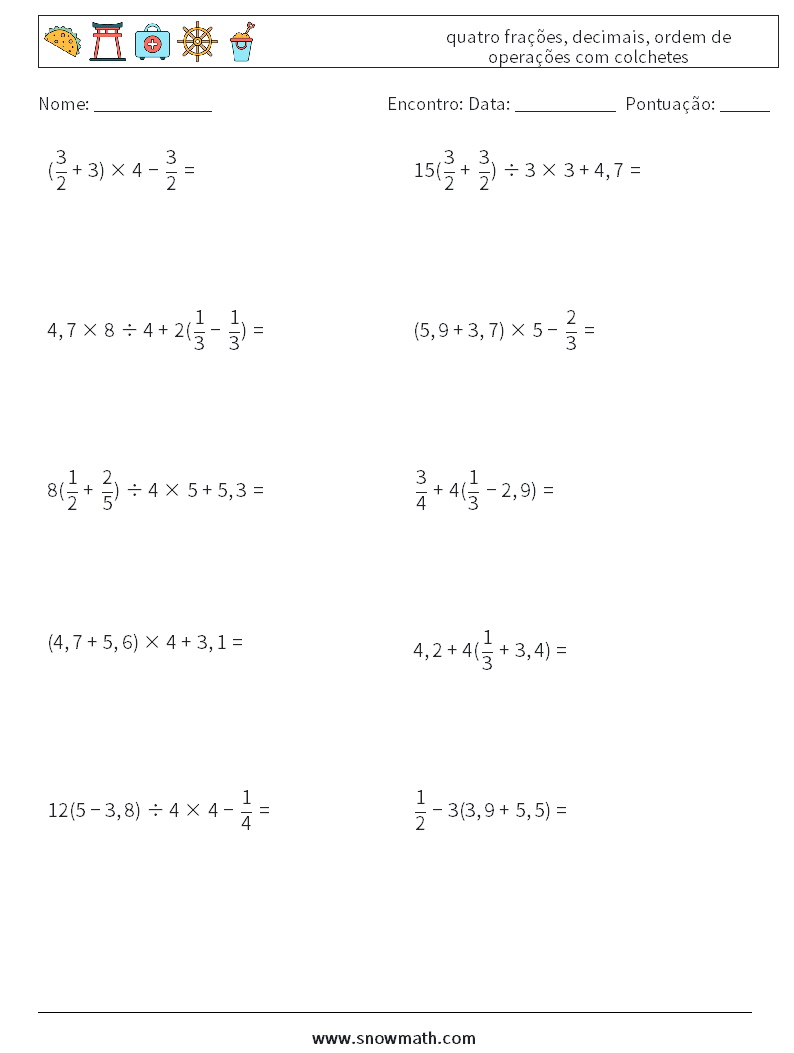 (10) quatro frações, decimais, ordem de operações com colchetes planilhas matemáticas 17