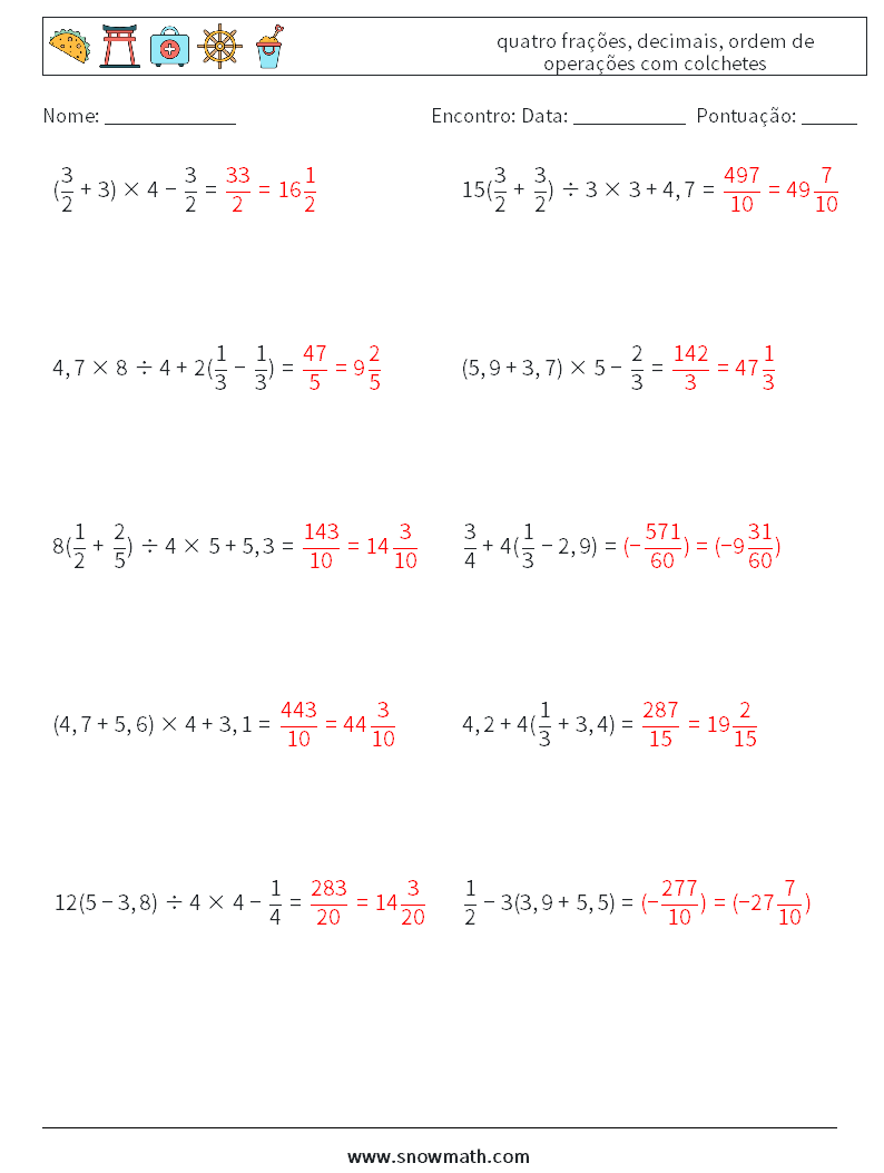 (10) quatro frações, decimais, ordem de operações com colchetes planilhas matemáticas 17 Pergunta, Resposta