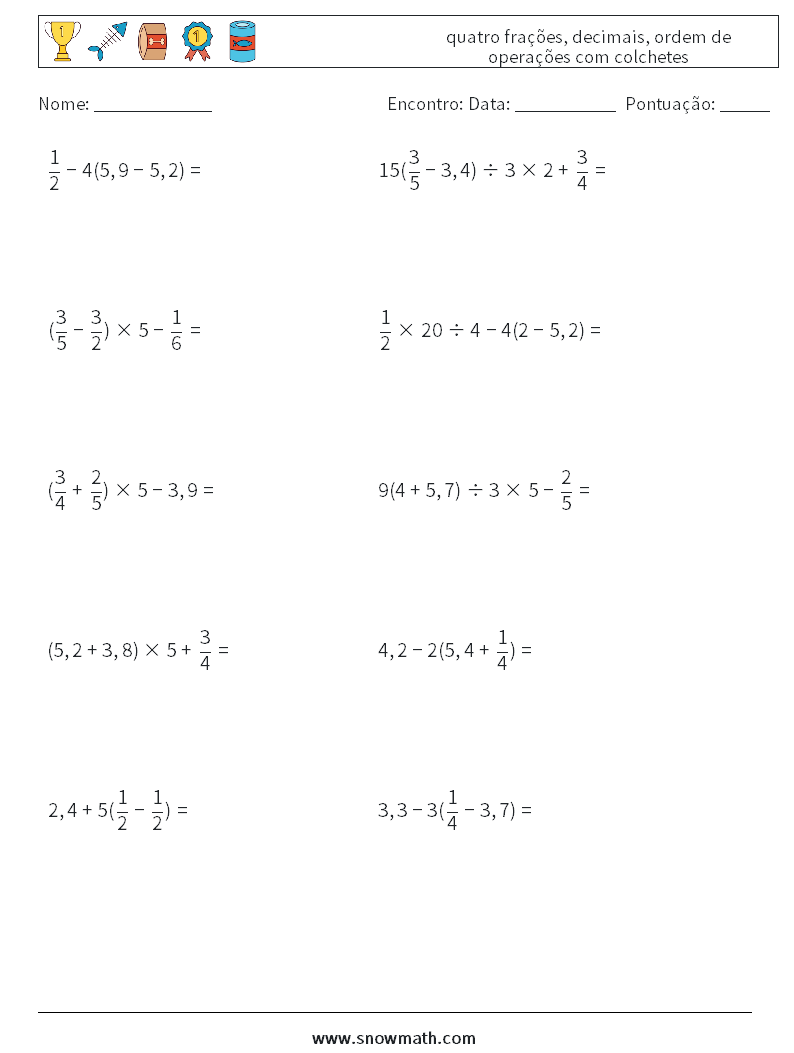 (10) quatro frações, decimais, ordem de operações com colchetes planilhas matemáticas 18