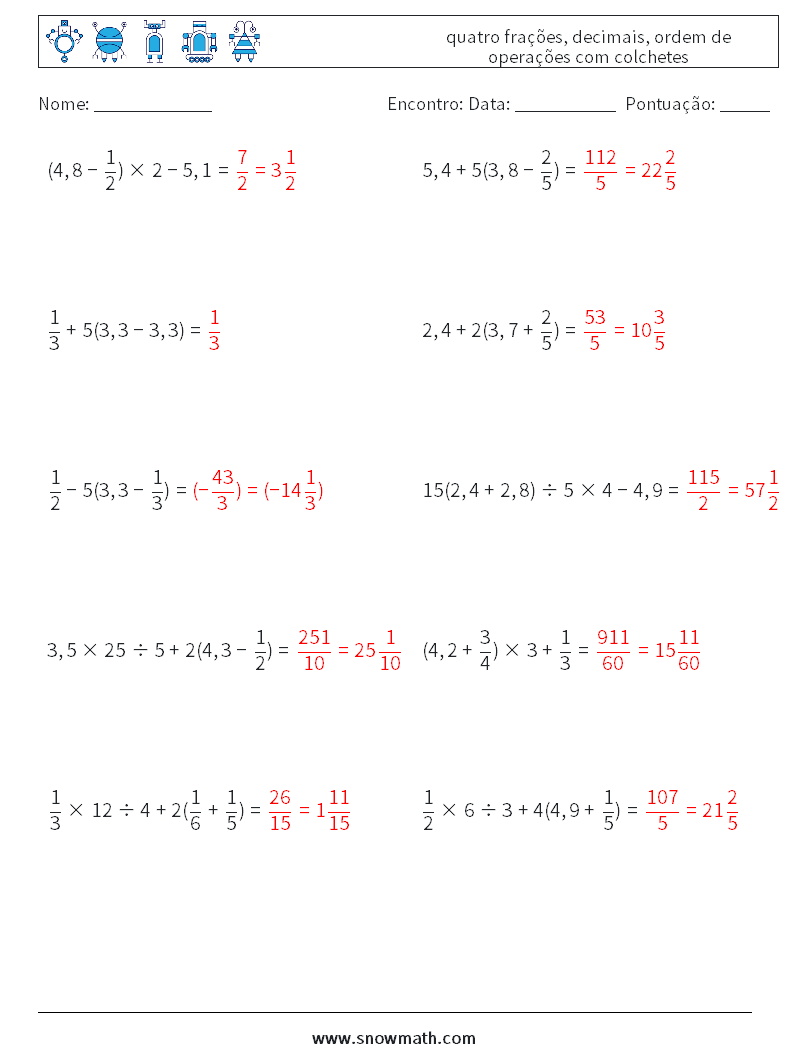 (10) quatro frações, decimais, ordem de operações com colchetes planilhas matemáticas 1 Pergunta, Resposta