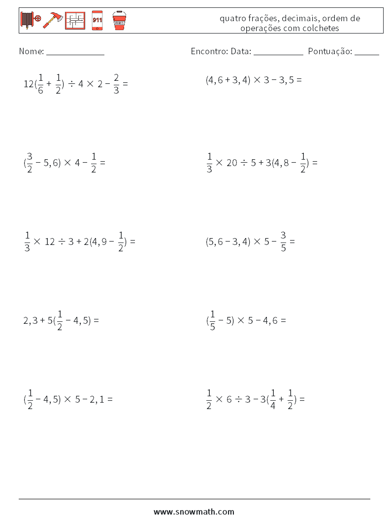 (10) quatro frações, decimais, ordem de operações com colchetes planilhas matemáticas 2