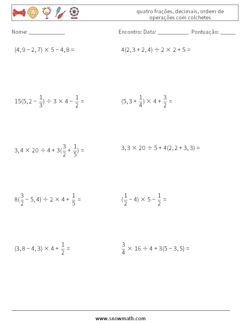 (10) quatro frações, decimais, ordem de operações com colchetes planilhas matemáticas 3