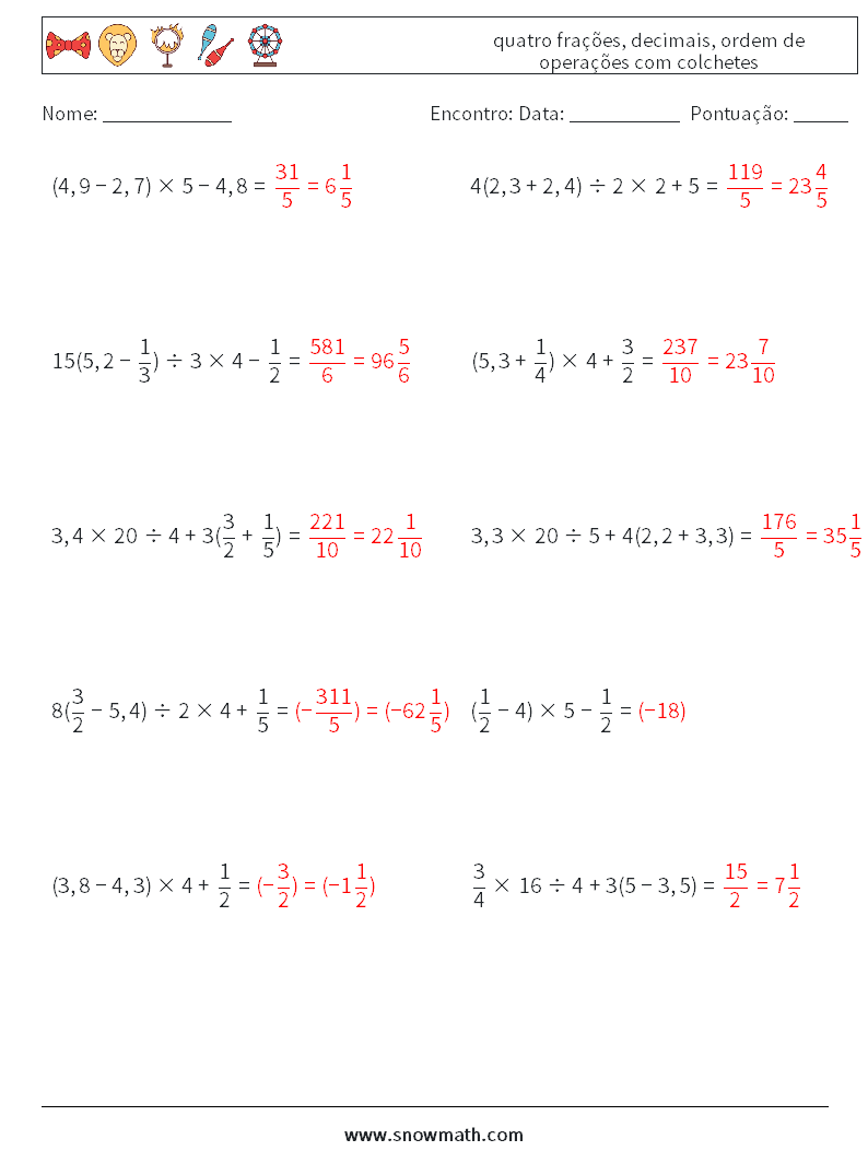 (10) quatro frações, decimais, ordem de operações com colchetes planilhas matemáticas 3 Pergunta, Resposta