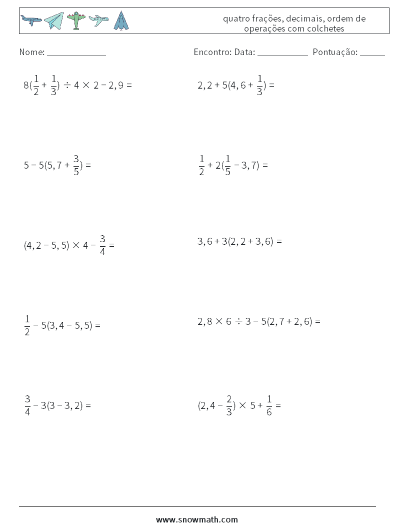 (10) quatro frações, decimais, ordem de operações com colchetes planilhas matemáticas 4