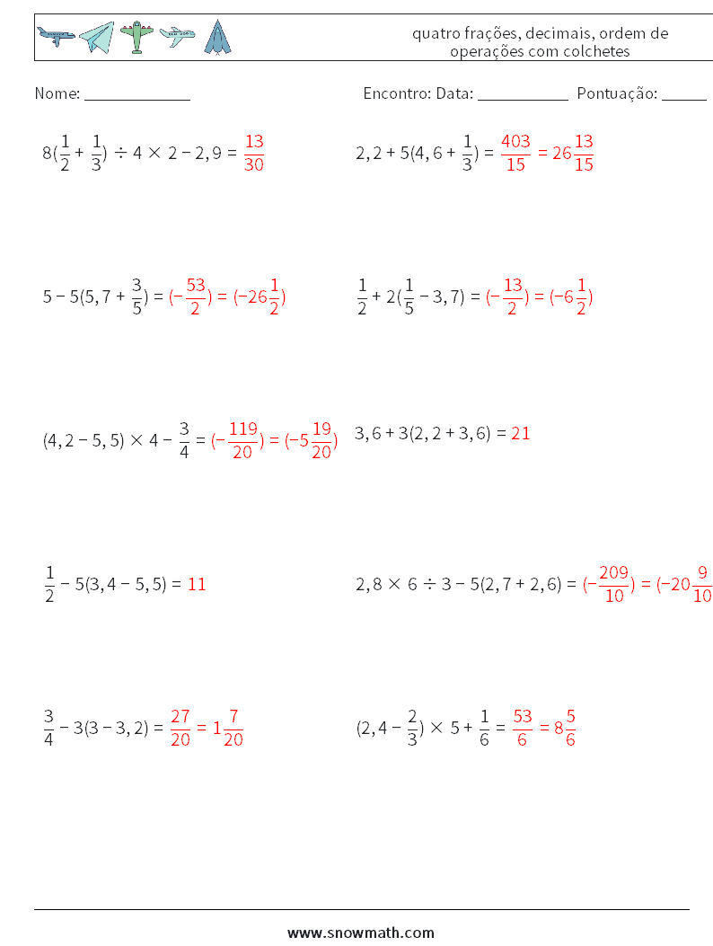 (10) quatro frações, decimais, ordem de operações com colchetes planilhas matemáticas 4 Pergunta, Resposta