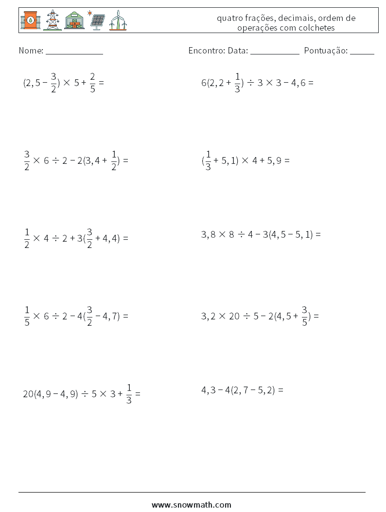 (10) quatro frações, decimais, ordem de operações com colchetes planilhas matemáticas 5