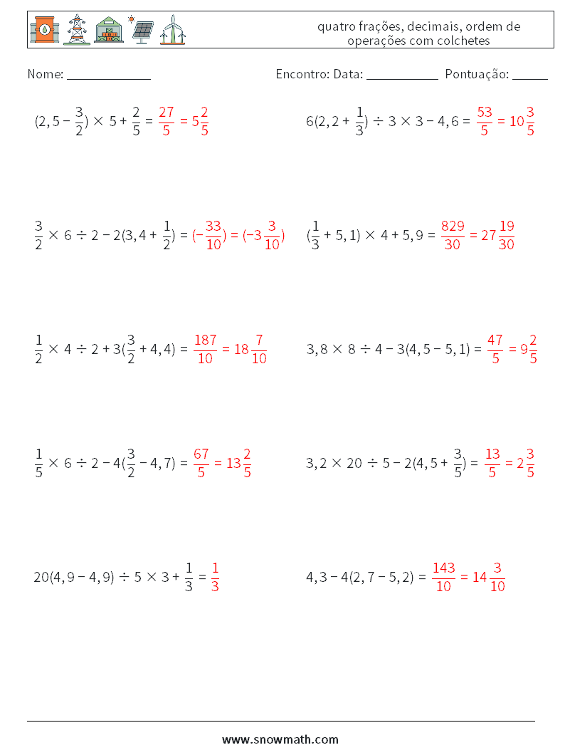 (10) quatro frações, decimais, ordem de operações com colchetes planilhas matemáticas 5 Pergunta, Resposta