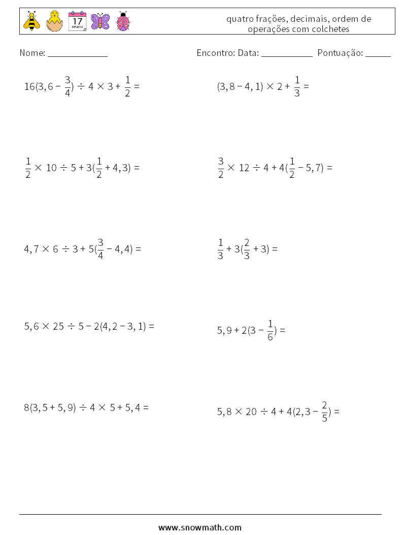 (10) quatro frações, decimais, ordem de operações com colchetes planilhas matemáticas 6