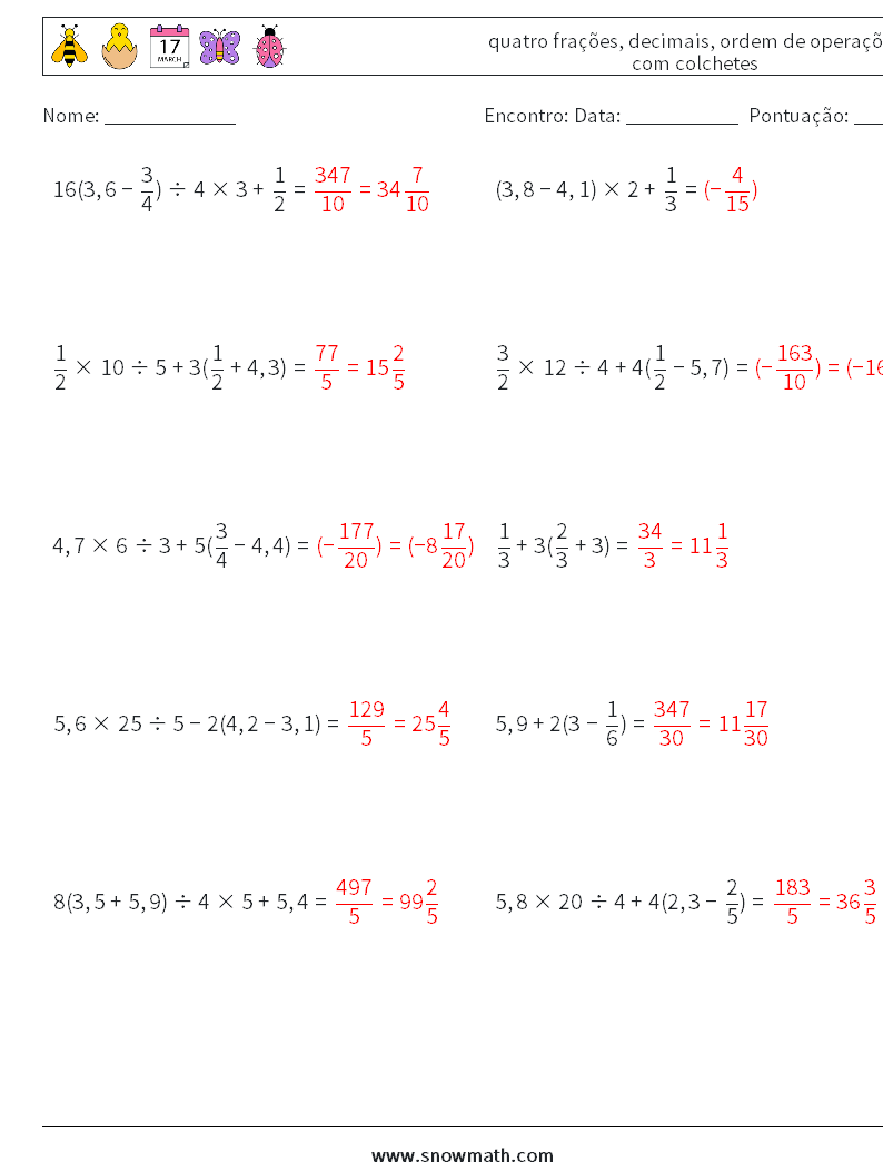 (10) quatro frações, decimais, ordem de operações com colchetes planilhas matemáticas 6 Pergunta, Resposta