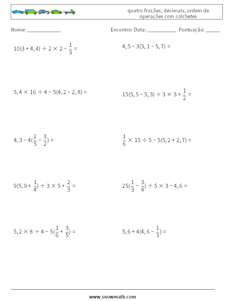 (10) quatro frações, decimais, ordem de operações com colchetes planilhas matemáticas 7