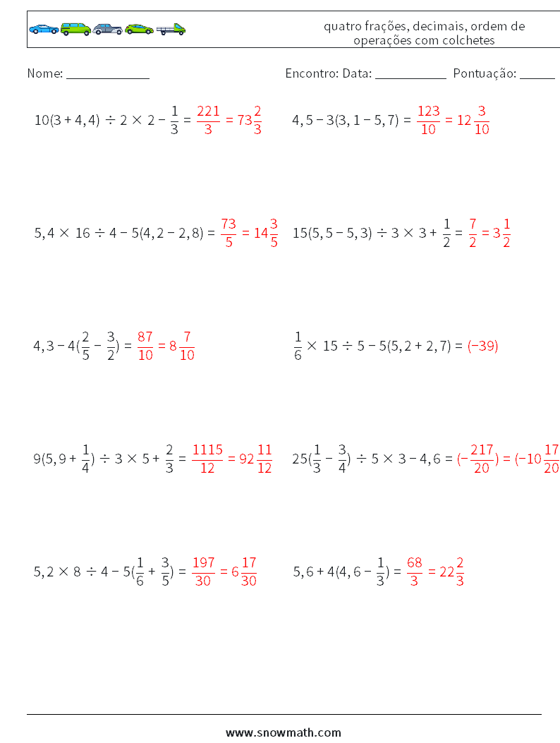 (10) quatro frações, decimais, ordem de operações com colchetes planilhas matemáticas 7 Pergunta, Resposta
