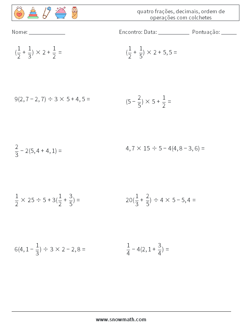 (10) quatro frações, decimais, ordem de operações com colchetes planilhas matemáticas 8
