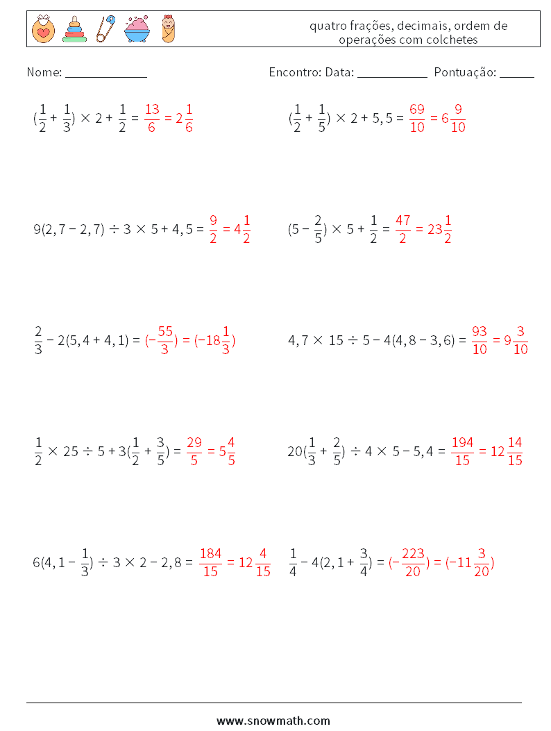 (10) quatro frações, decimais, ordem de operações com colchetes planilhas matemáticas 8 Pergunta, Resposta