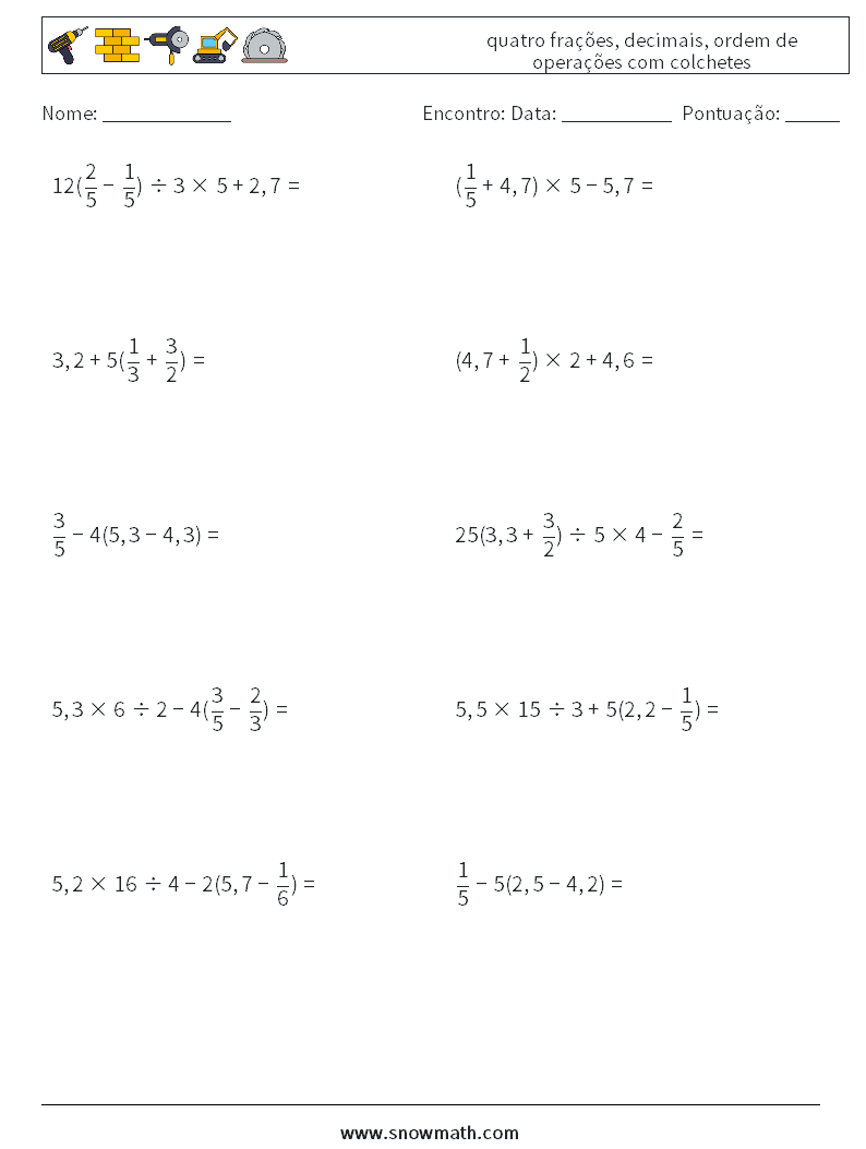 (10) quatro frações, decimais, ordem de operações com colchetes planilhas matemáticas 9