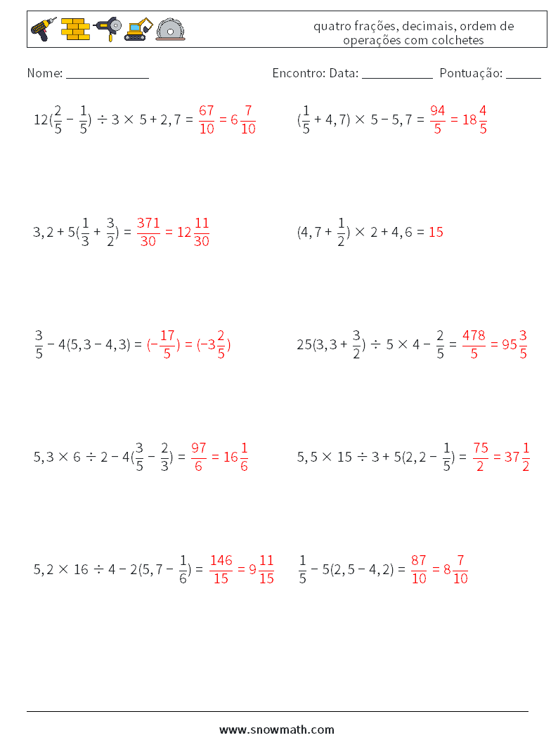 (10) quatro frações, decimais, ordem de operações com colchetes planilhas matemáticas 9 Pergunta, Resposta