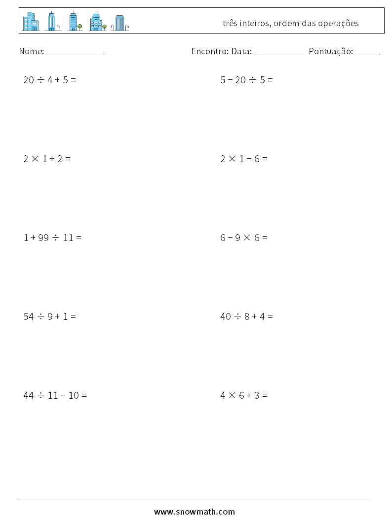 (10) três inteiros, ordem das operações planilhas matemáticas 1