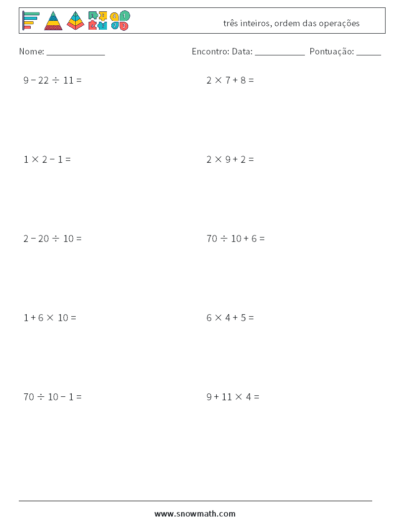 (10) três inteiros, ordem das operações planilhas matemáticas 10