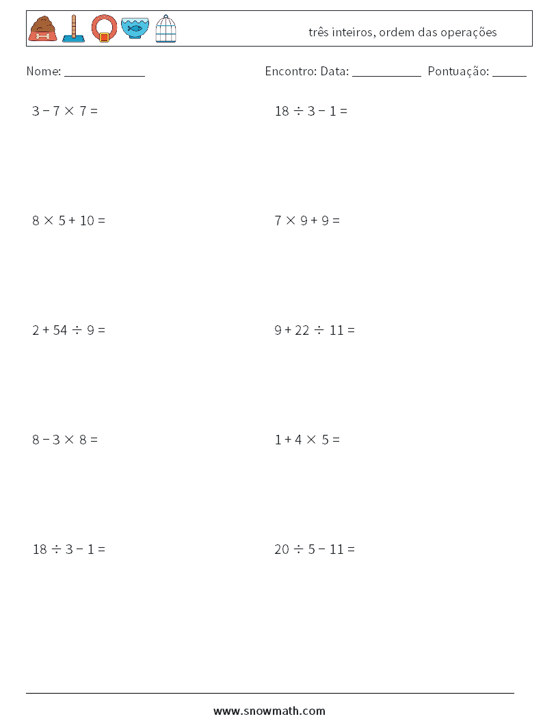 (10) três inteiros, ordem das operações planilhas matemáticas 15