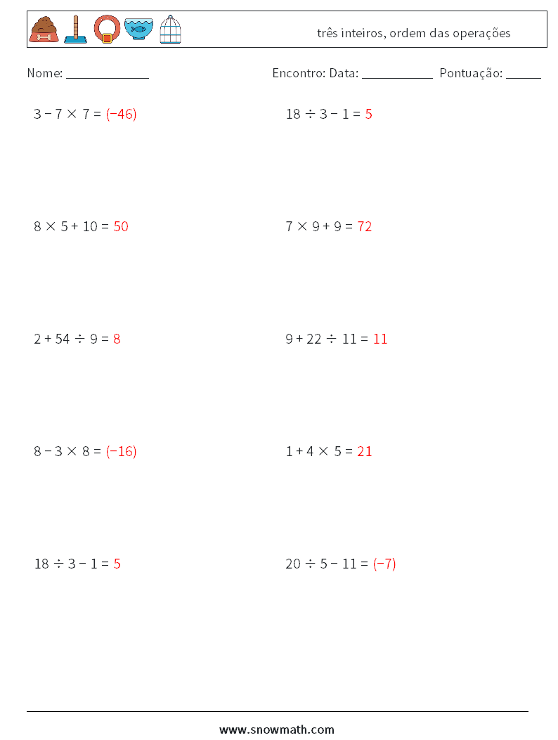 (10) três inteiros, ordem das operações planilhas matemáticas 15 Pergunta, Resposta