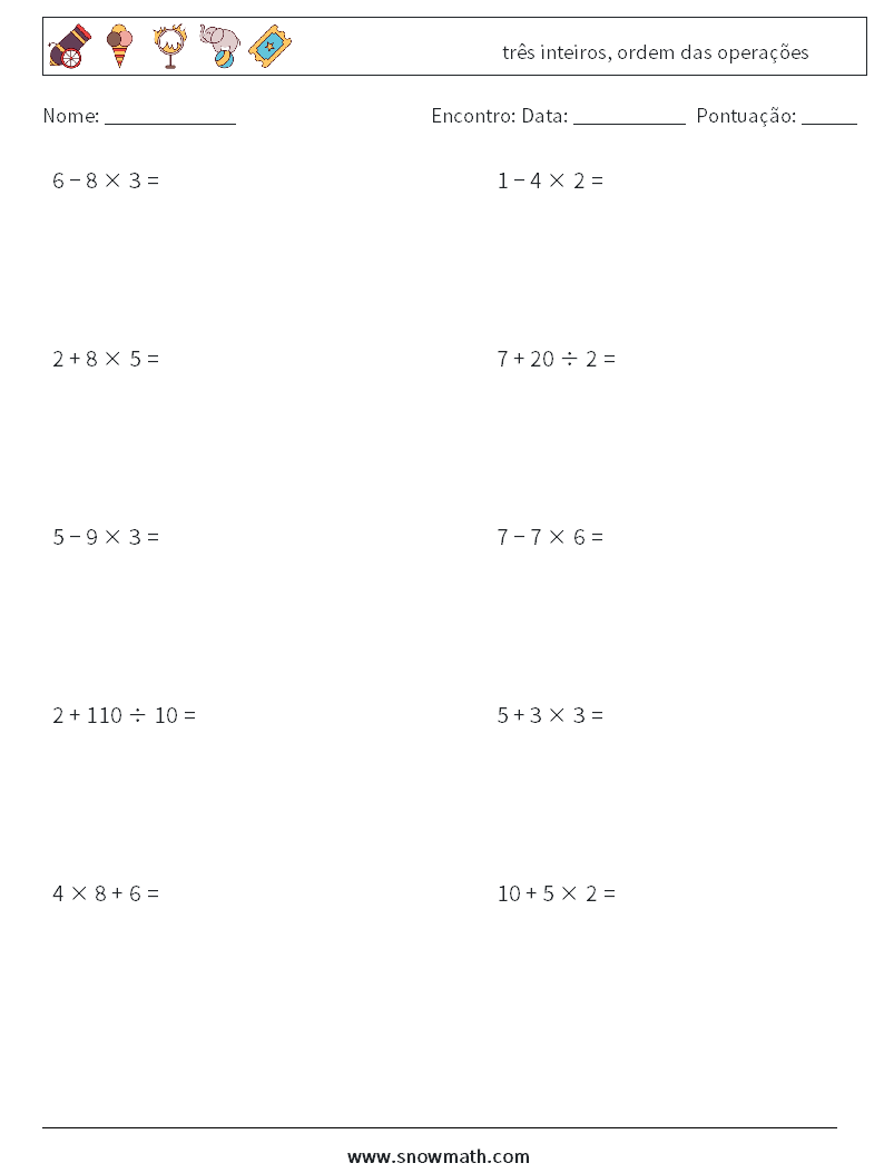 (10) três inteiros, ordem das operações planilhas matemáticas 16