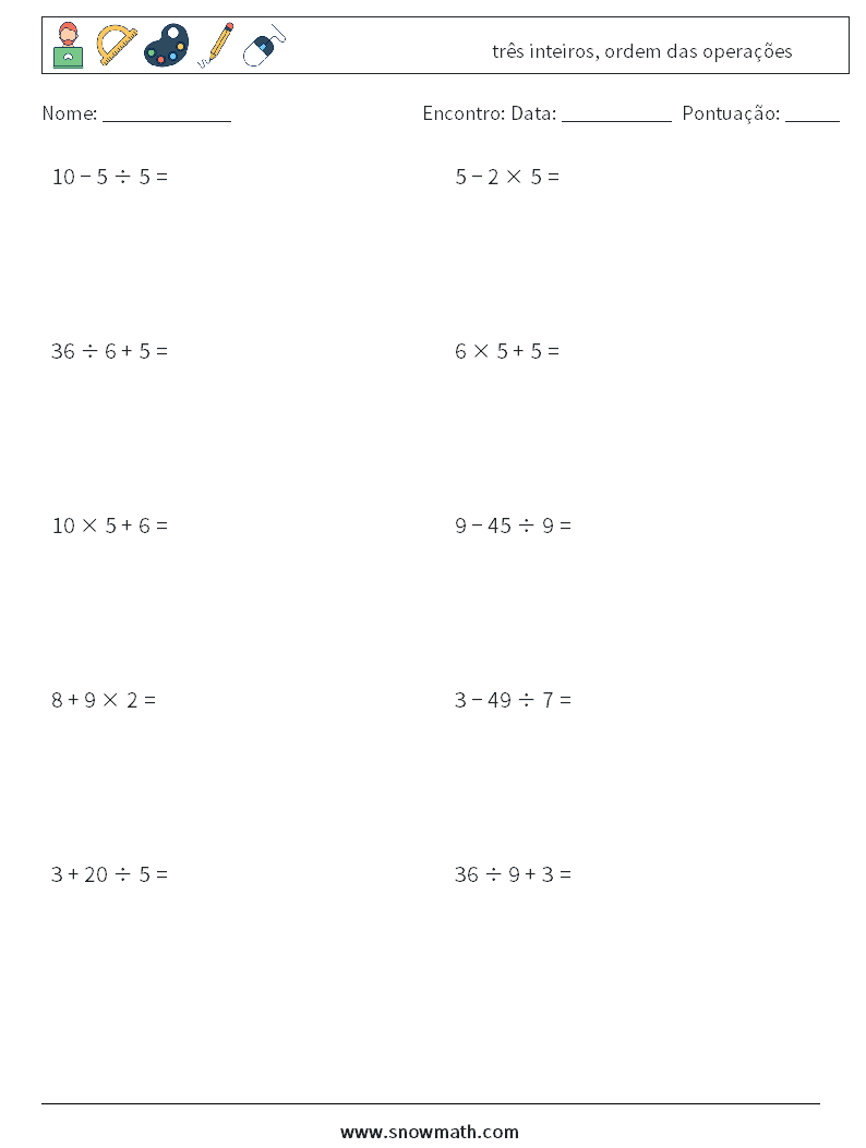 (10) três inteiros, ordem das operações planilhas matemáticas 17