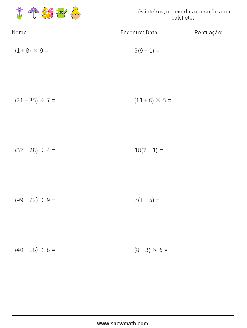(10) três inteiros, ordem das operações com colchetes planilhas matemáticas 10