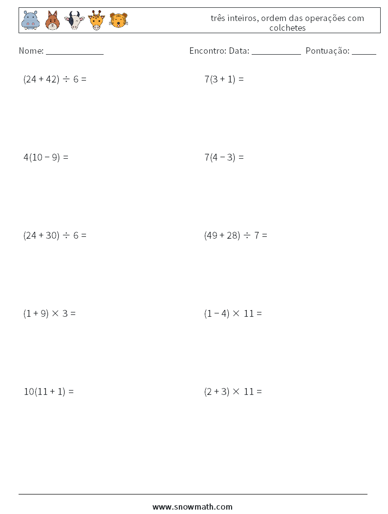 (10) três inteiros, ordem das operações com colchetes planilhas matemáticas 14