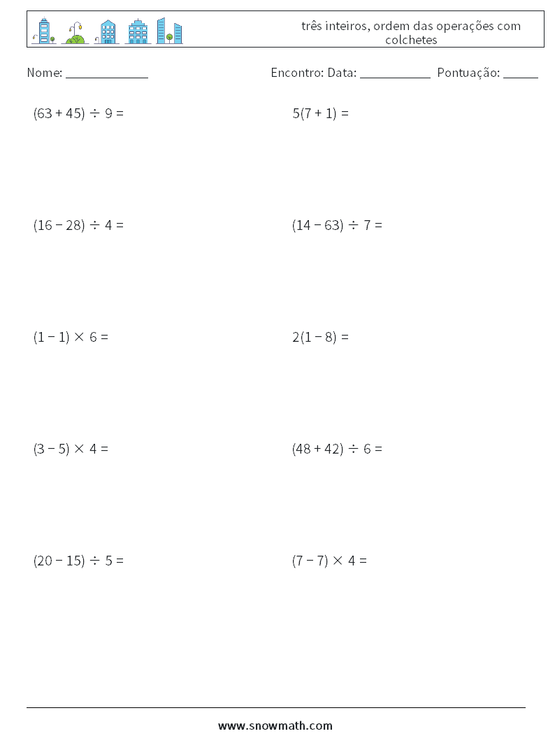 (10) três inteiros, ordem das operações com colchetes planilhas matemáticas 15