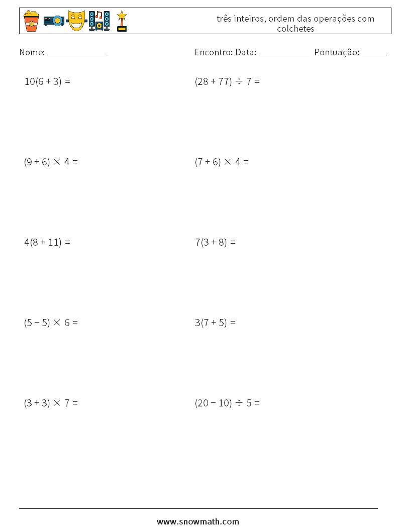 (10) três inteiros, ordem das operações com colchetes planilhas matemáticas 17