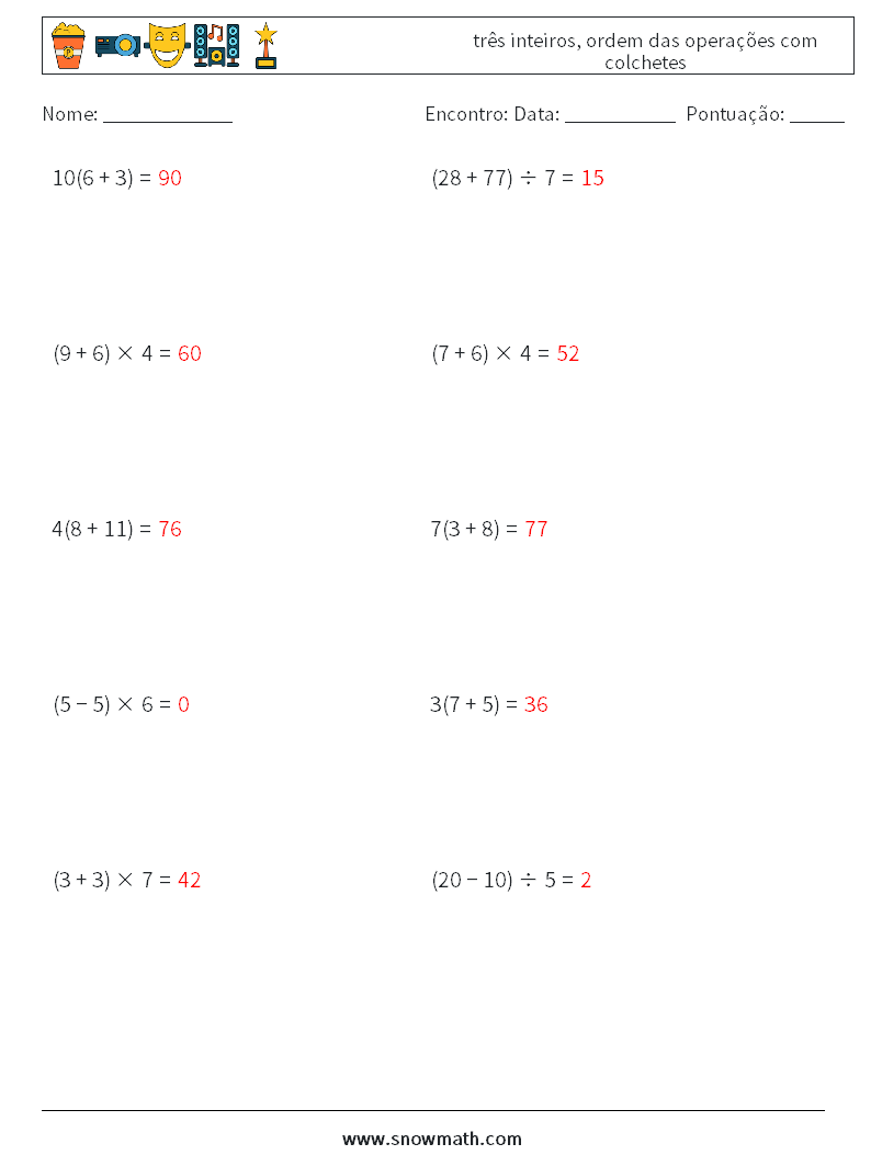 (10) três inteiros, ordem das operações com colchetes planilhas matemáticas 17 Pergunta, Resposta