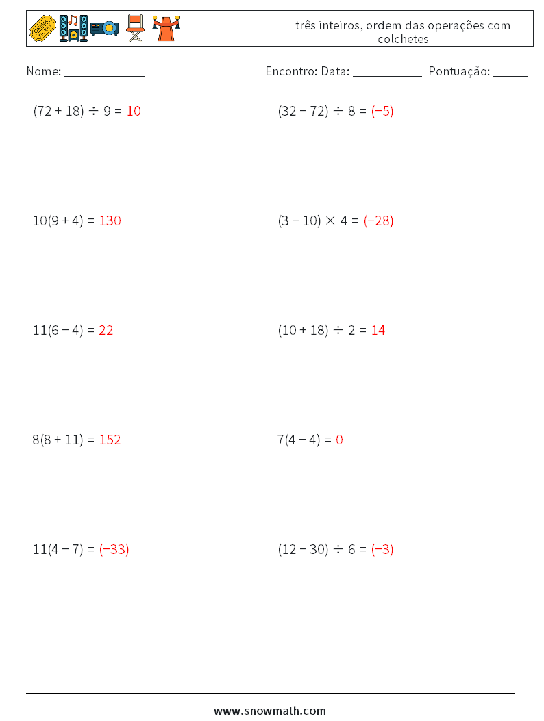 (10) três inteiros, ordem das operações com colchetes planilhas matemáticas 2 Pergunta, Resposta