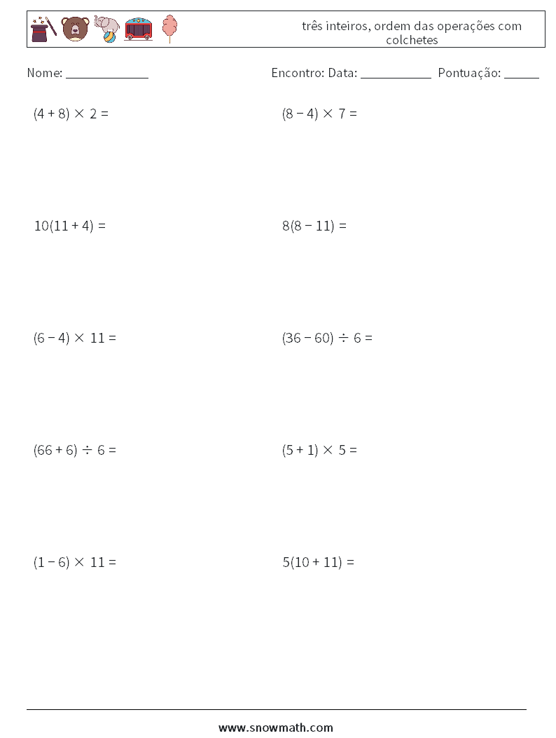 (10) três inteiros, ordem das operações com colchetes planilhas matemáticas 4