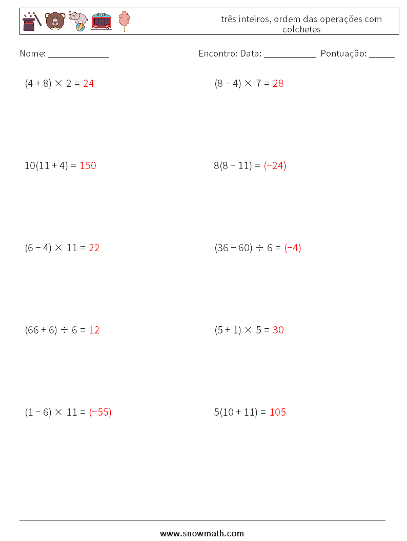 (10) três inteiros, ordem das operações com colchetes planilhas matemáticas 4 Pergunta, Resposta