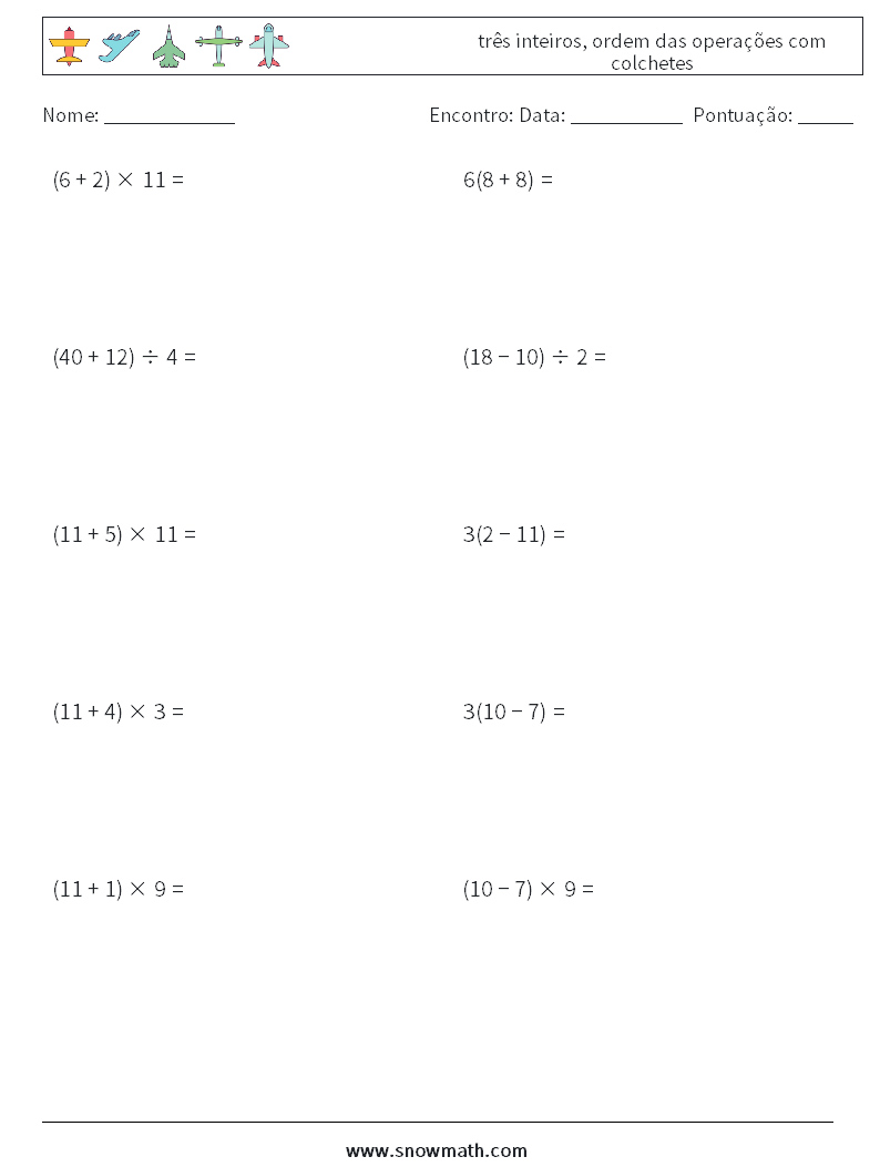 (10) três inteiros, ordem das operações com colchetes planilhas matemáticas 5