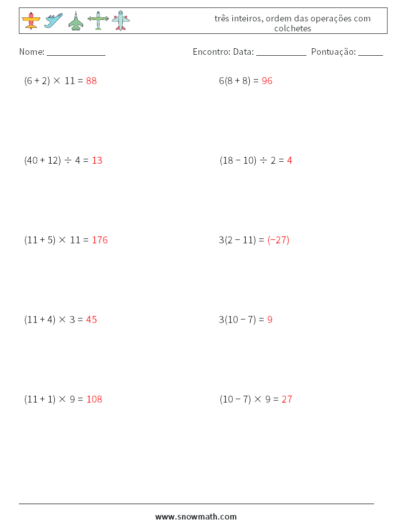 (10) três inteiros, ordem das operações com colchetes planilhas matemáticas 5 Pergunta, Resposta