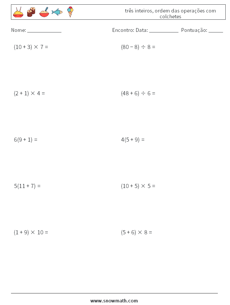 (10) três inteiros, ordem das operações com colchetes planilhas matemáticas 6