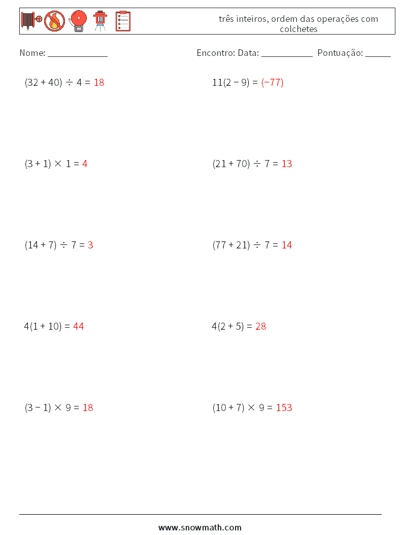 (10) três inteiros, ordem das operações com colchetes planilhas matemáticas 8 Pergunta, Resposta