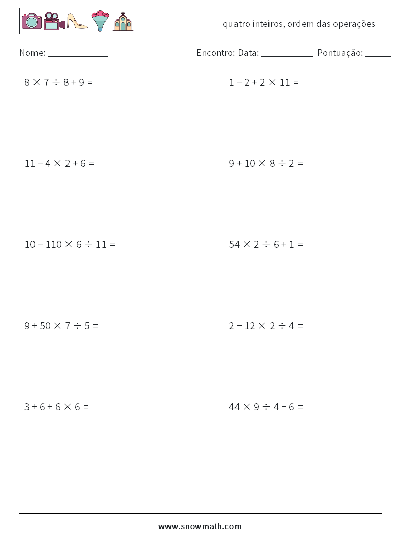 (10) quatro inteiros, ordem das operações planilhas matemáticas 1