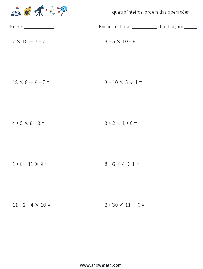 (10) quatro inteiros, ordem das operações planilhas matemáticas 6