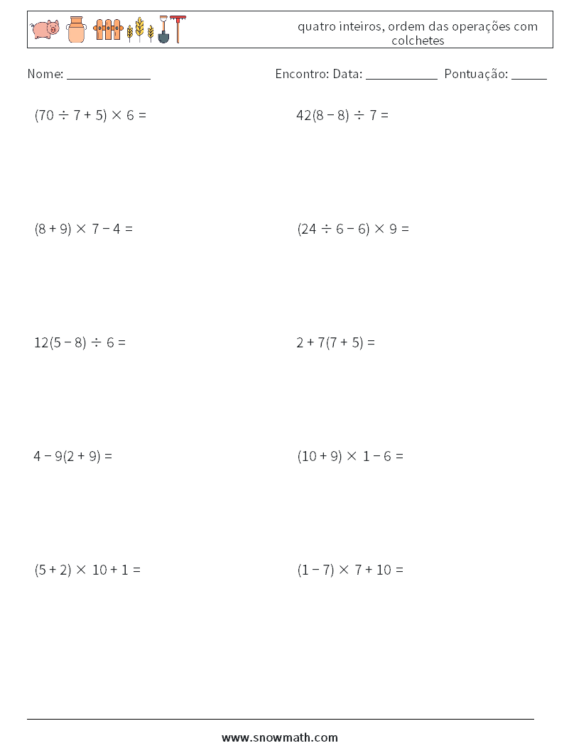(10) quatro inteiros, ordem das operações com colchetes planilhas matemáticas 10