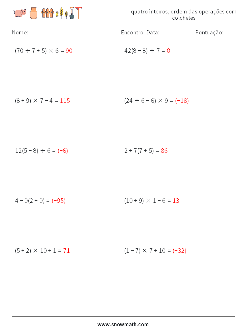 (10) quatro inteiros, ordem das operações com colchetes planilhas matemáticas 10 Pergunta, Resposta