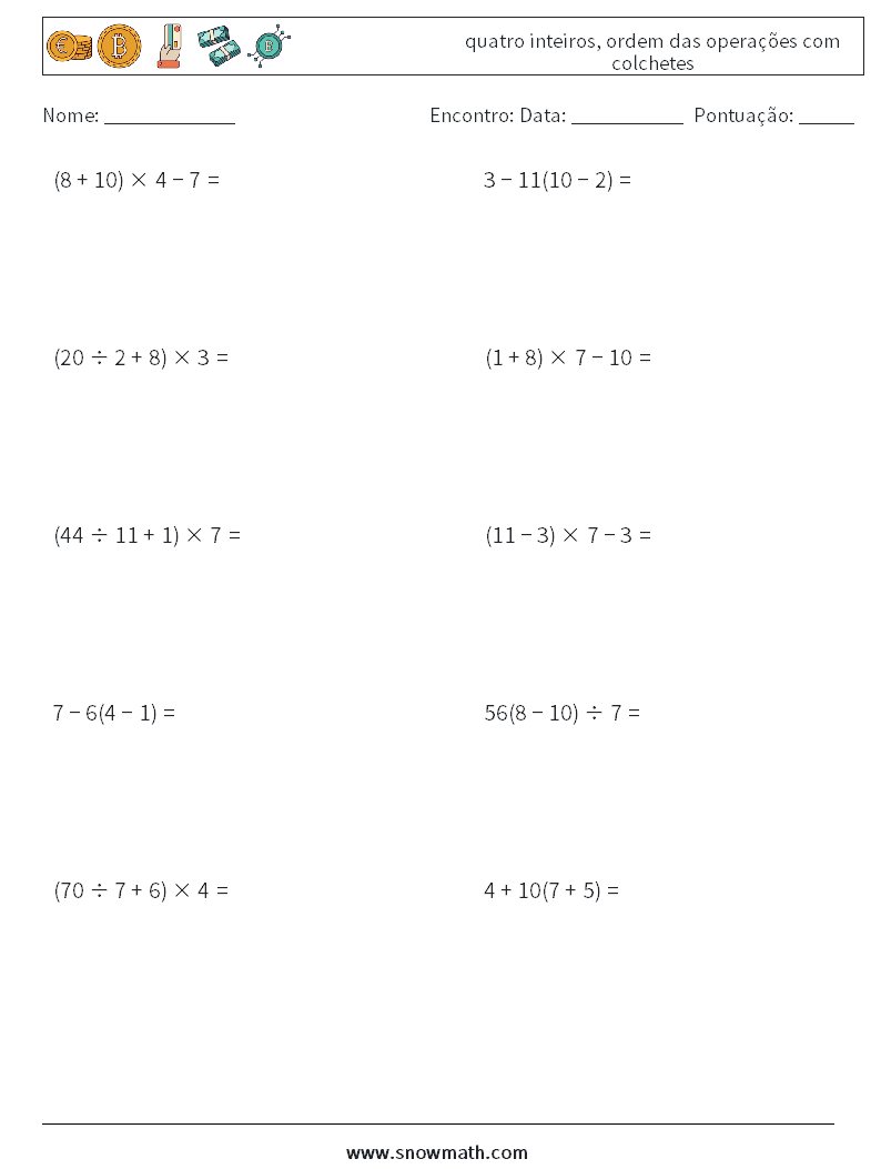 (10) quatro inteiros, ordem das operações com colchetes planilhas matemáticas 11