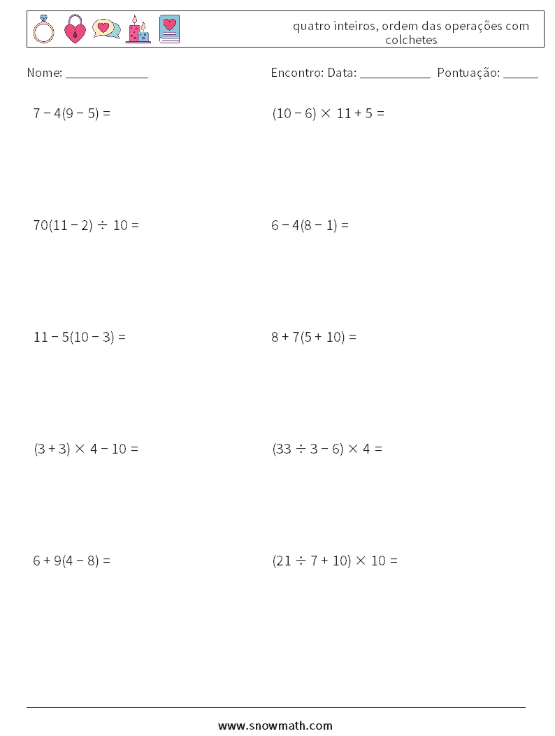 (10) quatro inteiros, ordem das operações com colchetes planilhas matemáticas 14