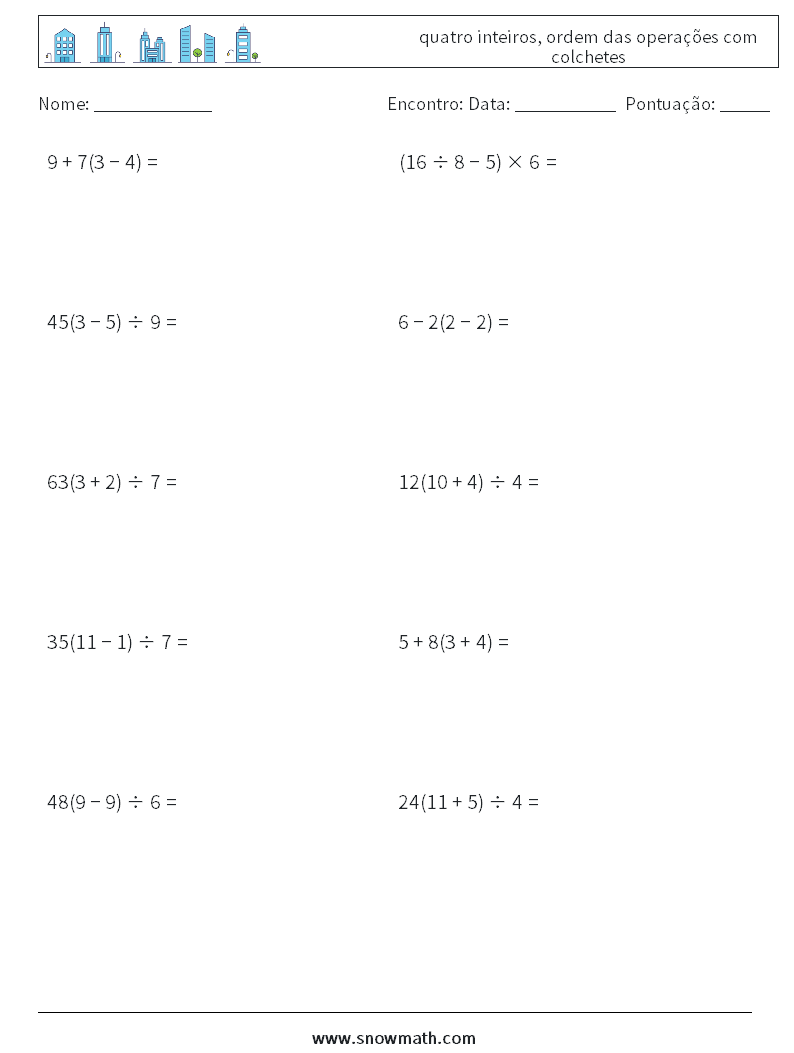 (10) quatro inteiros, ordem das operações com colchetes planilhas matemáticas 15