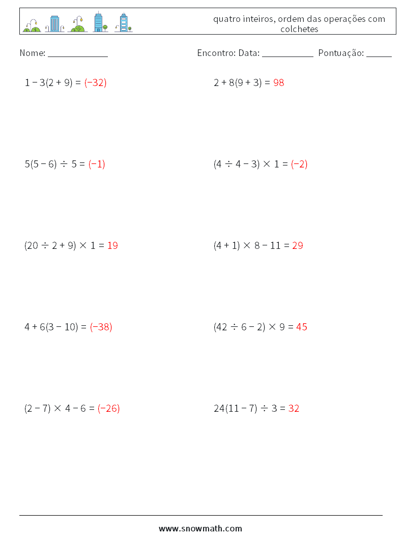 (10) quatro inteiros, ordem das operações com colchetes planilhas matemáticas 17 Pergunta, Resposta