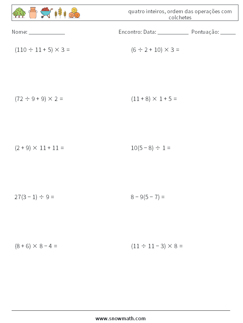 (10) quatro inteiros, ordem das operações com colchetes planilhas matemáticas 18