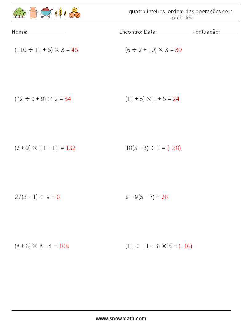 (10) quatro inteiros, ordem das operações com colchetes planilhas matemáticas 18 Pergunta, Resposta