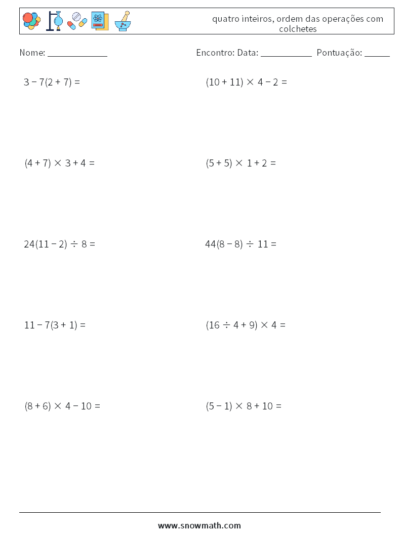(10) quatro inteiros, ordem das operações com colchetes planilhas matemáticas 2