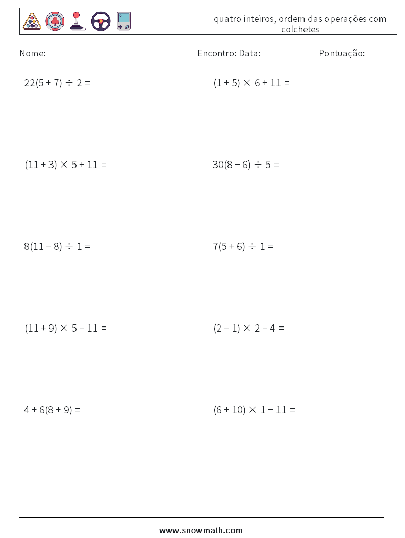 (10) quatro inteiros, ordem das operações com colchetes planilhas matemáticas 3