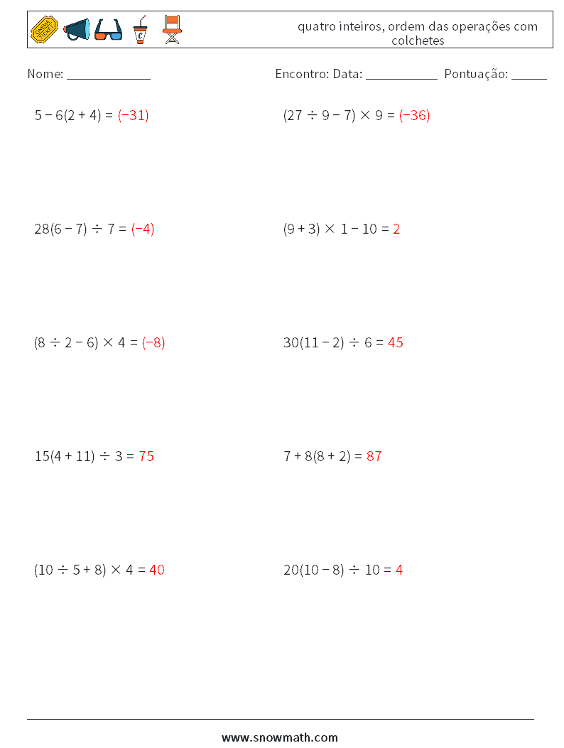 (10) quatro inteiros, ordem das operações com colchetes planilhas matemáticas 4 Pergunta, Resposta